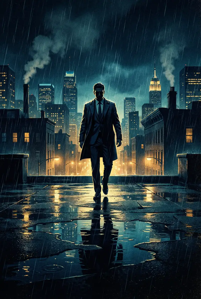 新木乃伊下载 出品影片《雨夜独行者》海报，雨中城市屋顶男性剪影